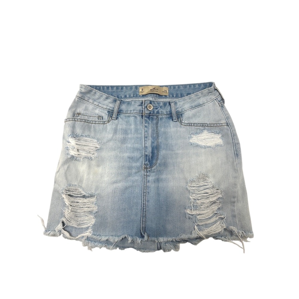 Hollister High Rise Distressed Denim Mini Skirt Light Wash Raw Hem Size 9 W29